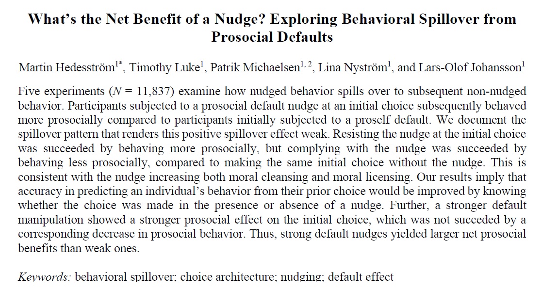 What’s the net benefit of a nudge?
In five lab experiments (N=11,837) we explore spillover from an initial default nudged choice to a second non-nudged choice.
A concluding mega-analysis reveals a small positive spillover effect
psyarxiv.com/dq9em/
