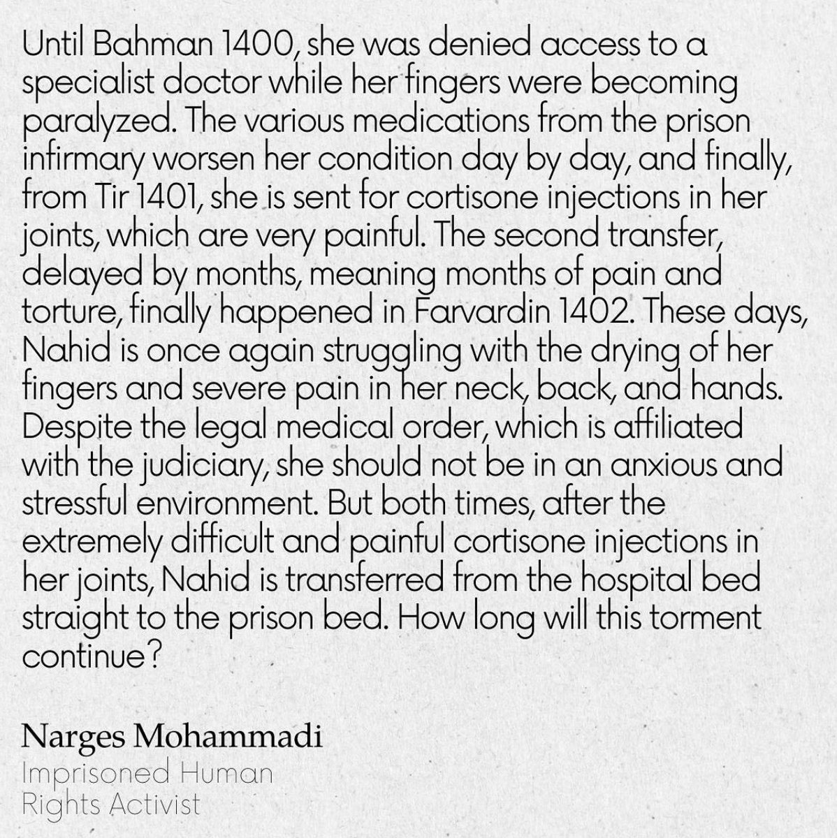 In a note from Evin Prison in Tehran, the prominent activist and political prisoner Narges Mohammadi expressed concern about the health of her cellmate, German citizen Nahid Taghavi, who has been held as a political hostage in Iran since 2020.

According to Narges' letter, Nahid