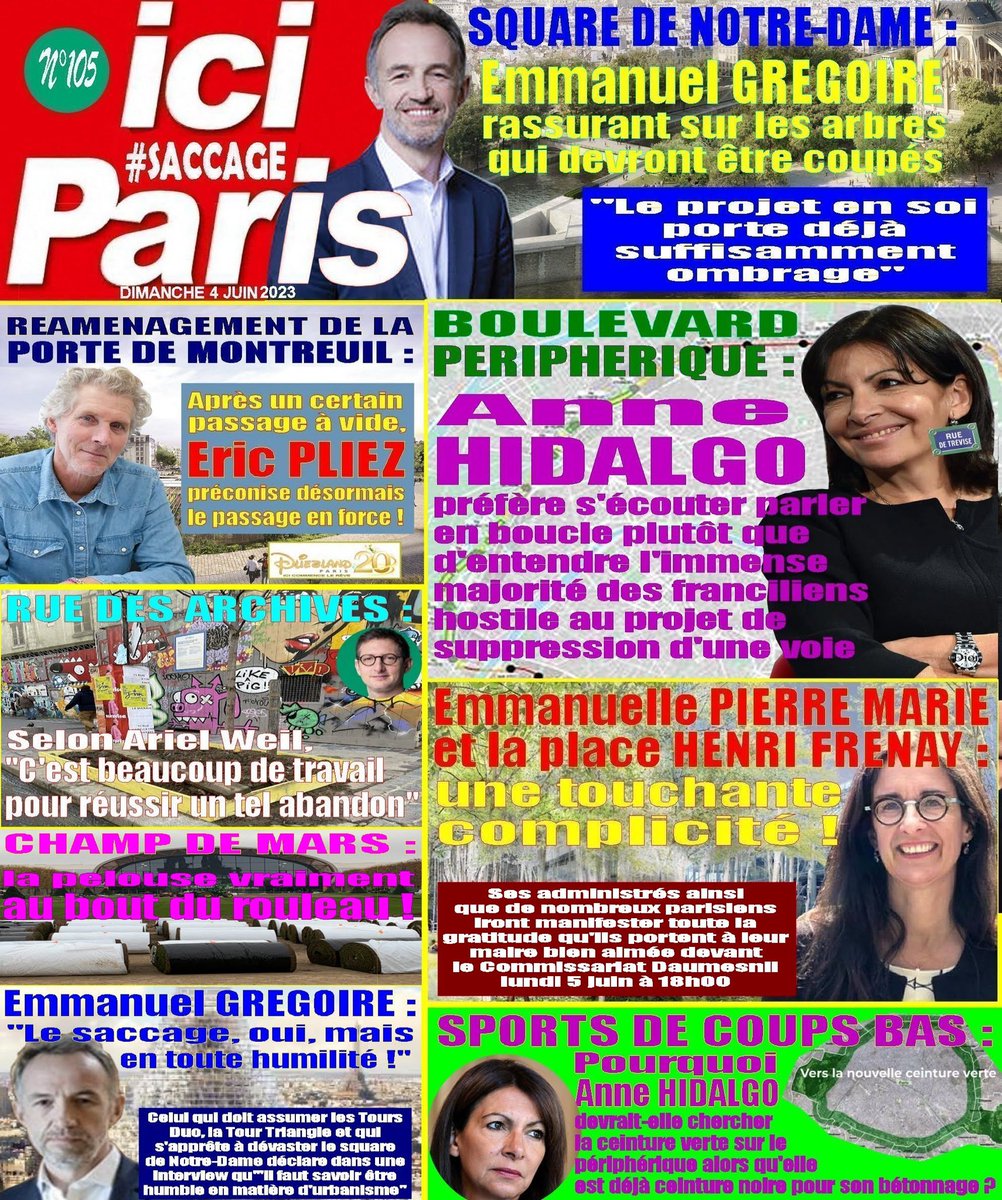 Ne manquez pas le 105ème numéro de Ici #saccageparis avec, comme chaque semaine, toute l’actualité exclusive de l’Hôtel de Ville ! Encore un numéro indispensable à partager !
#Saccageparis #hidalgo #gregoire #weil #pierremarie #bolo