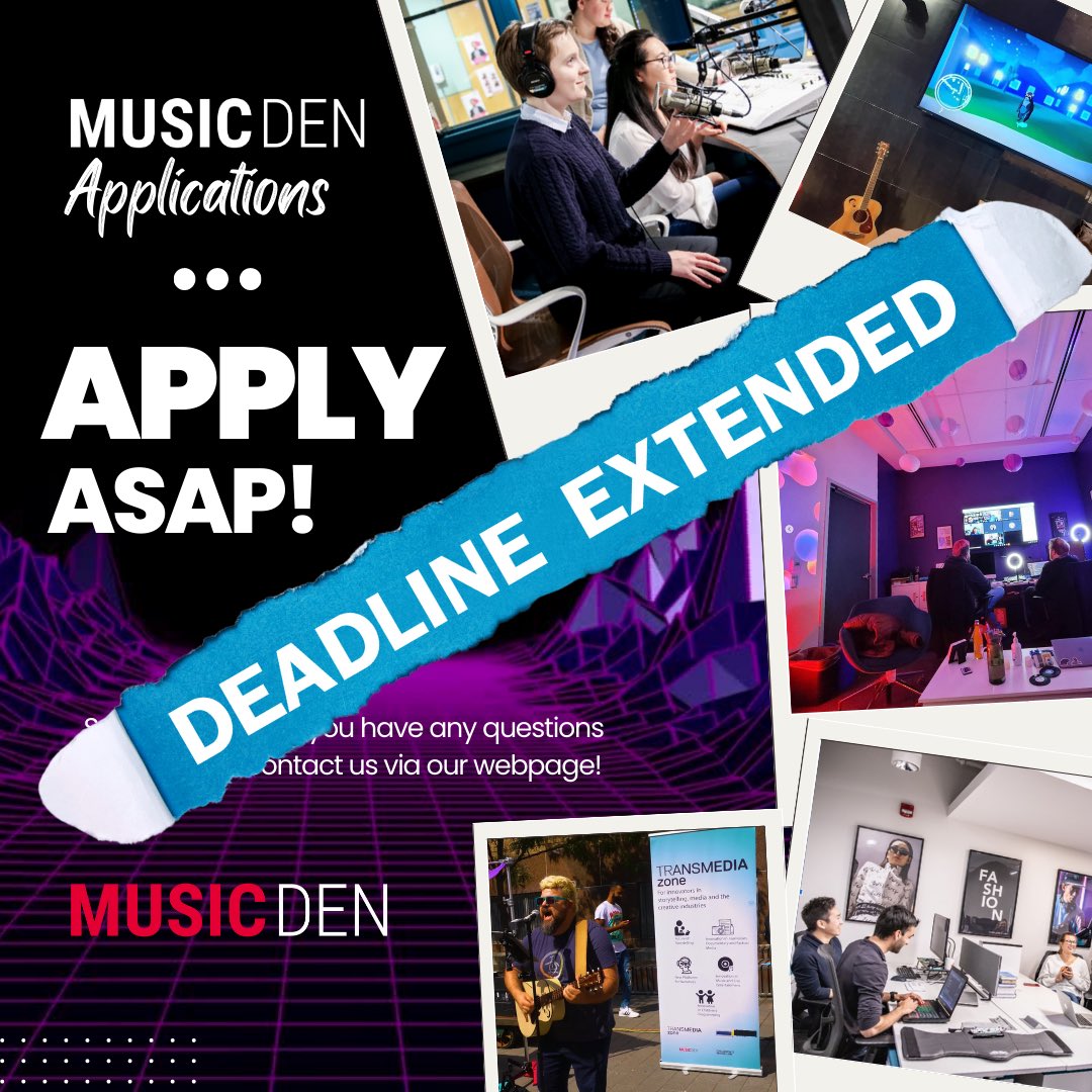 Good news, all! Applications to the Music Den have been extended! Get your music business startup off the ground with our bespoke help!

Link in bio, apply today!

#torontomusic #Torontostartup #torontomusicscene #torontomusicindustry #TMU #torontometropolitanuniversity