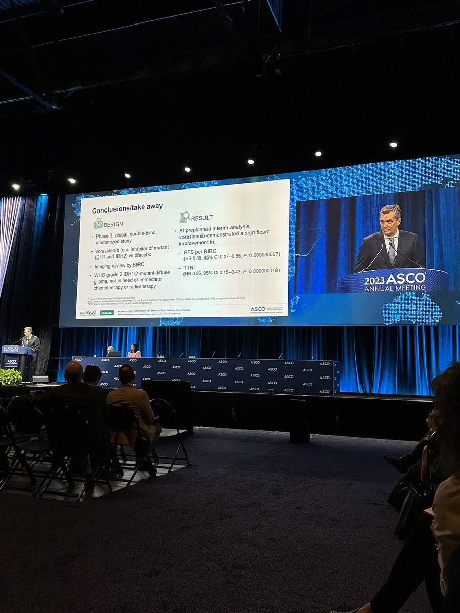 HAPPENING NOW: Neuro-oncologist Dr. Ingo Mellinghoff presents significant results from a phase III trial in patients with residual or recurrent grade 2 #glioma with an IDH1/2 mutation during the plenary session at #ASCO23. The study: bit.ly/3CfTmy0