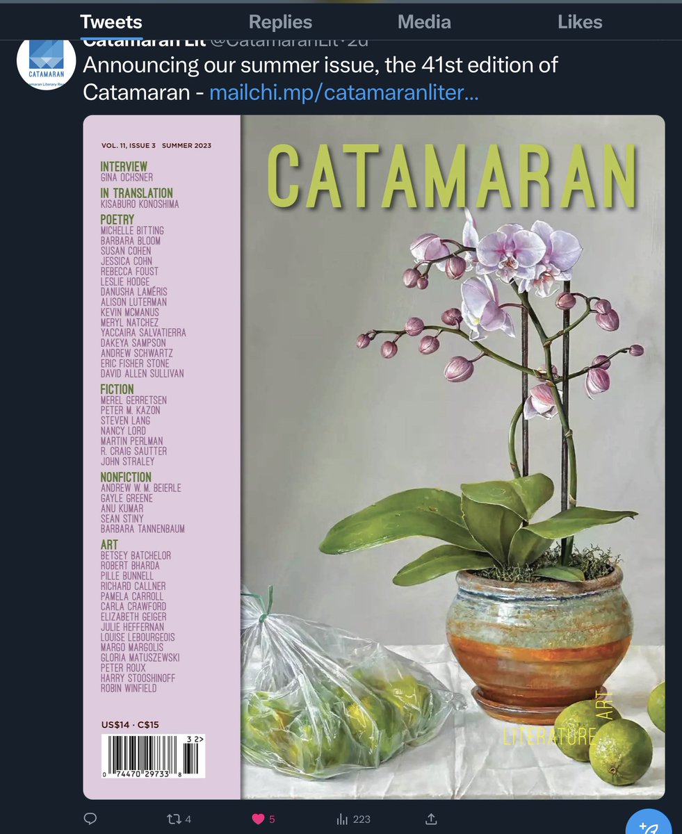 I’m really excited to have one of my stories (and one of the favorite things I’ve written) in the latest gorgeous edition the Catamaran Literary Reader. Many thanks to editor Catherine Segurson for her support. #catamaranLit.