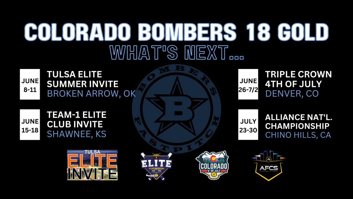 The rain might have won this weekend, but we still have a lot of time on the dirt to look forward to this summer. 
<a href="/COBombersGold/">COBombersGold</a> <a href="/coloradobombers/">Colorado Bombers Fastpitch</a>
<a href="/TulsaElite/">Tulsa Elite Sports</a> <a href="/Team1_fastpitch/">Team 1 Fastpitch</a> <a href="/COSparkFire/">CO 4th of July</a> <a href="/thealliancefp/">The Alliance Fastpitch</a>