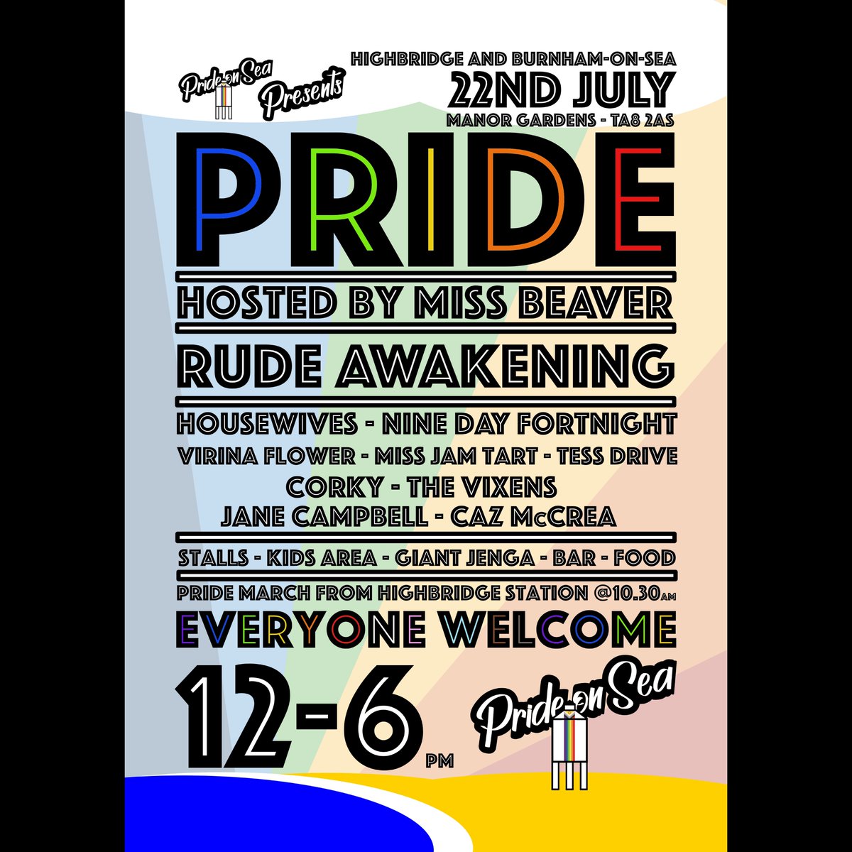 📣 Line-up announced for Pride on Sea
22nd July - Manor Gardens - BoS - 12-6pm
Can't wait to see you there! 🏳️‍🌈✨🏳️‍⚧️ #grassrootspride
#prideonsea #pride #highbridge #burnhamonsea