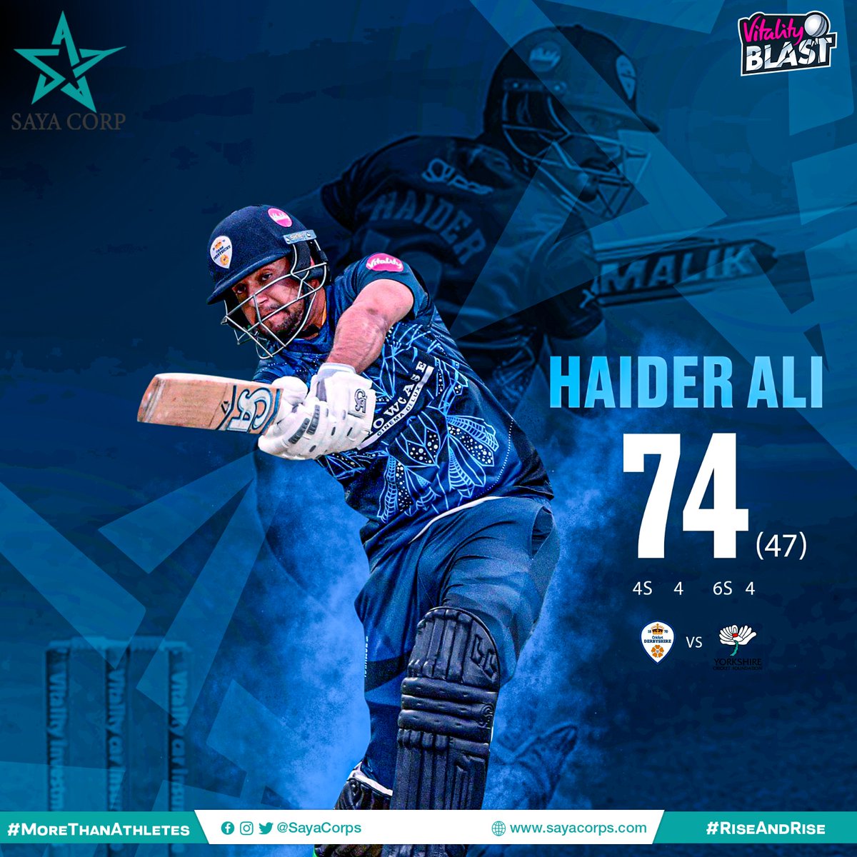 💥 Here's the @iamhaideraly we all know!

The top order batter was in fine hitting form as he scored 7️⃣4️⃣ at a blistering rate of 1️⃣5️⃣7️⃣ with 4️⃣ sixes and as many fours 👏🏻

Welcome return to form ✅

#MoreThanAthletes #RiseAndRise #SayaCorporation @TalhaAisham