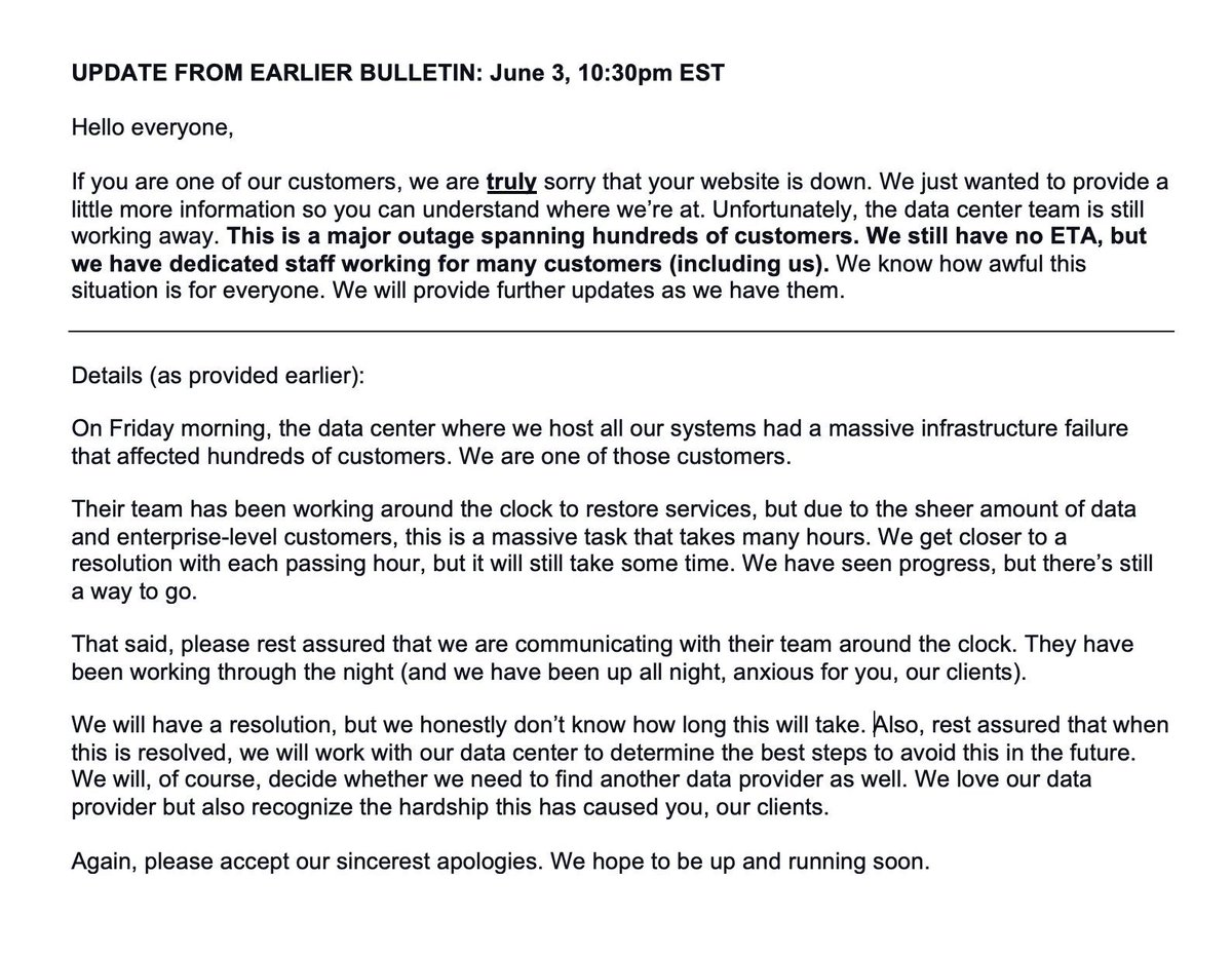 BarkComm's tweet image. UPDATE BULLETIN (2:24pm EST): Please read the following bulletin from last night. UPDATE: We are making progress! DNS and Mail are up and running; restoring web services will take some time, but we are on the road to recovery. We will provide a further update later tonight.