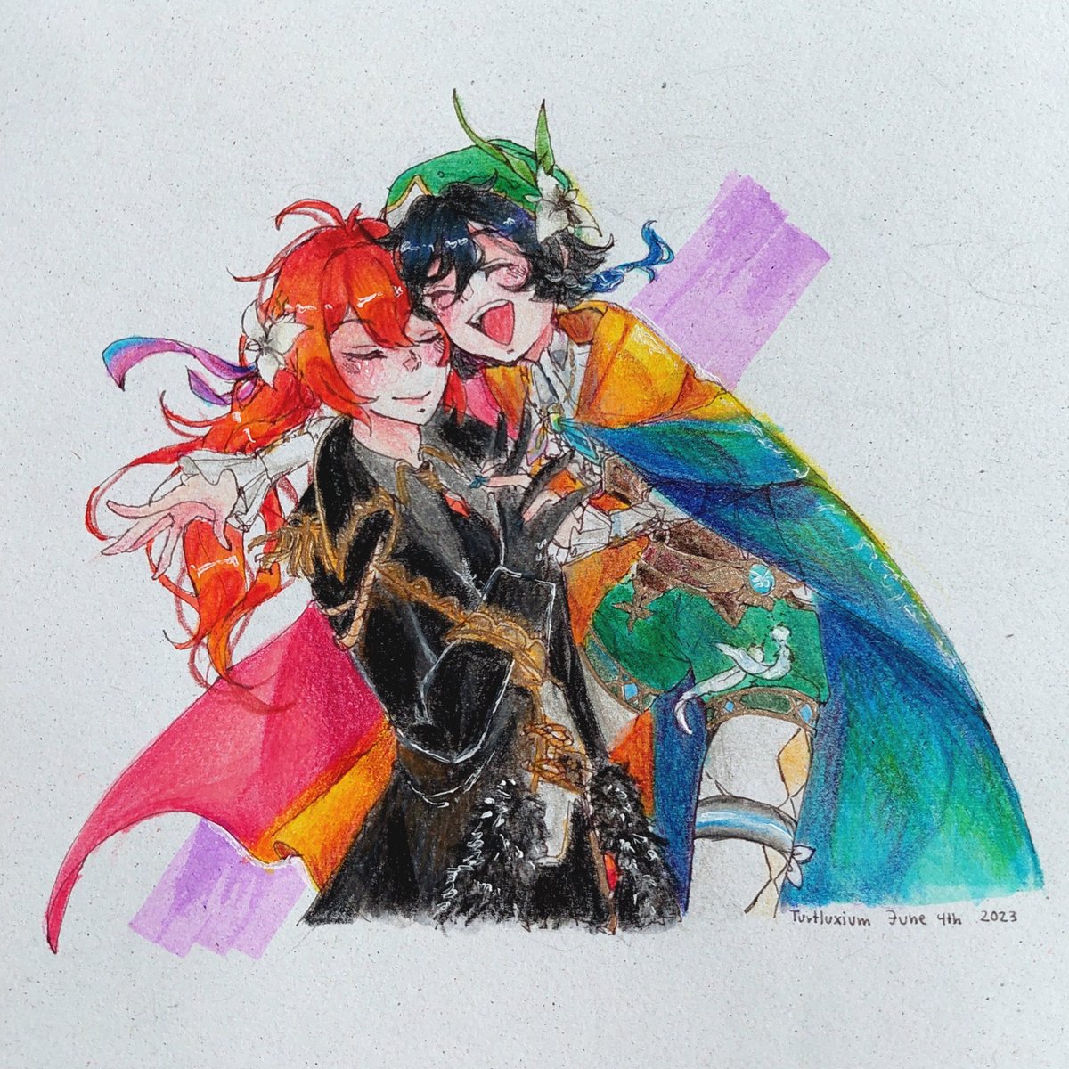 turtluxium's tweet image. Wow I've never colored faster in my LIFE. Amyways, again, happy pride! Should I do a mini series of me drawing my genshin lgbt headcanons?
(Messed up Diluc's bi ribbon btw, pls don't attack me, paper has no undo button)