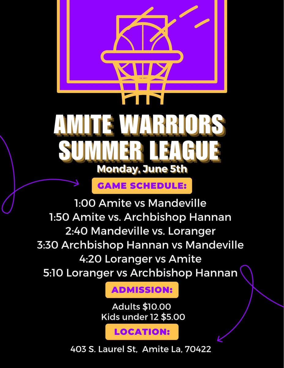 AmiteHoops's tweet photo. Come enjoy some summer league basketball as the firat of our summer mini camps start tomorrow!! JV will play on each Monday followed by the Varsity team on Wednesdays! https://t.co/oPyruuoPLQ