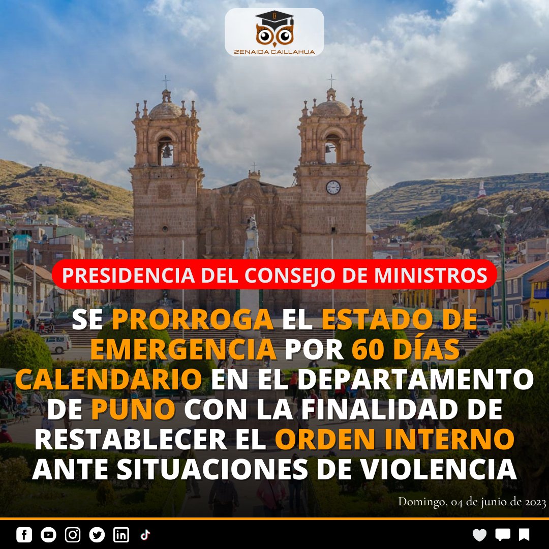 📬 #ActualidadJurídica
#DECRETO SUPREMO N° 070-2023-PCM, que prorroga el estado de emergencia por 60 días calendario en el departamento de Puno con la finalidad de restablecer el orden interno ante situaciones de violencia.
#DiarioOficialelPeruano #EstadodeEmergencia #Puno #Peru