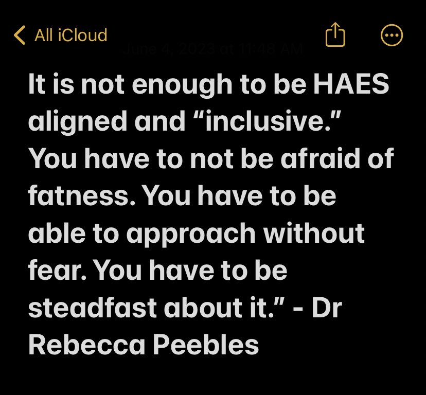 My highlight from #ICED2023 was this quote from @RebeckaPeebles, MD during the weight stigma in higher levels of care panel. This speaks to the heart of my current and future work in our field. I cannot wait to collaborate with Dr. Peebles soon ❤️