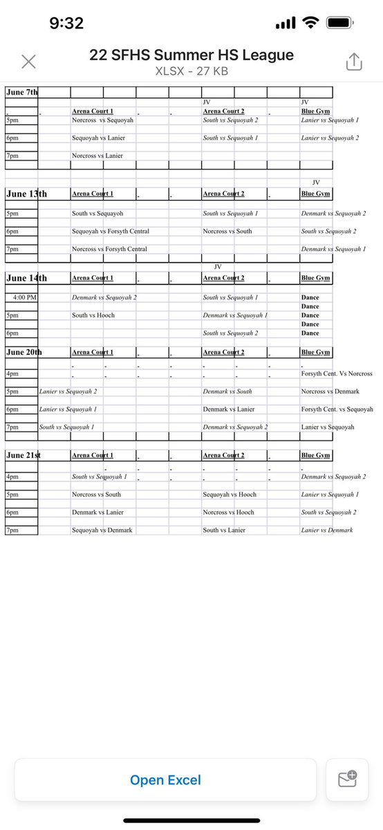 Here is the game schedule for the South Forsyth League!

“Sequoyah”= summer varsity
“Sequoyah 1”= summer JV
“Sequoyah 2”= middle schoolers