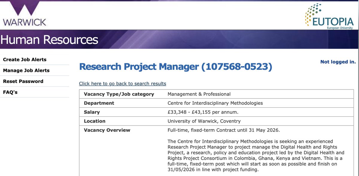 We're hiring! Seeking a project manager to work closely with me and the Digital Health & Rights Project consortium for 3 years to manage a four-country participatory action research study. Closing June 12 - join us! #anthrotwitter #humanrights #jobs  atsv7.wcn.co.uk/search_engine/…