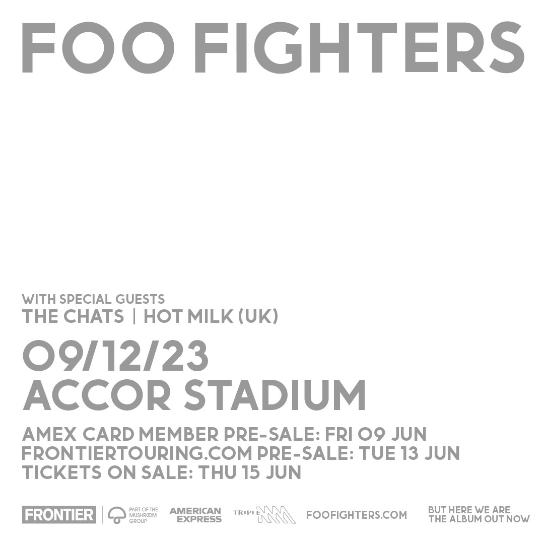 This Summer’s concert season just got BIGGER 🤘

Legendary Rock Band Foo Fighters will return to Sydney to play a MASSIVE summer show on Saturday 9 December 2023 at Accor Stadium.

🎟 Tickets are on sale to the General Public at 11am Thursday 15 June! 

ℹ bit.ly/FooFightersAnn…