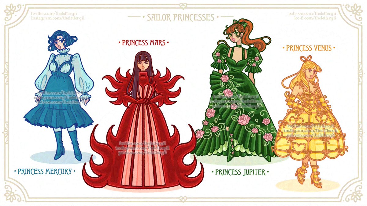 Inner Senshi fashion collection, inspired by their princess dresses 💙❤💚🧡

#sailormoon #sailormercury #sailormars #sailorjupiter #sailorvenus #sailormooncosmos #fashionillustration #セーラームーン