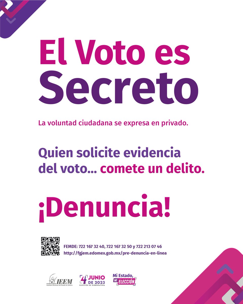 ¡Tu voto 🗳 es secreto!

Quien solicite evidencia del voto comete un delito, ¡Denuncia!

☎️ 722 167 3240
☎️ 722 167 3250
☎️ 722 213 0746

🔗 fgjem.edomex.gob.mx/pre-denuncia-e…