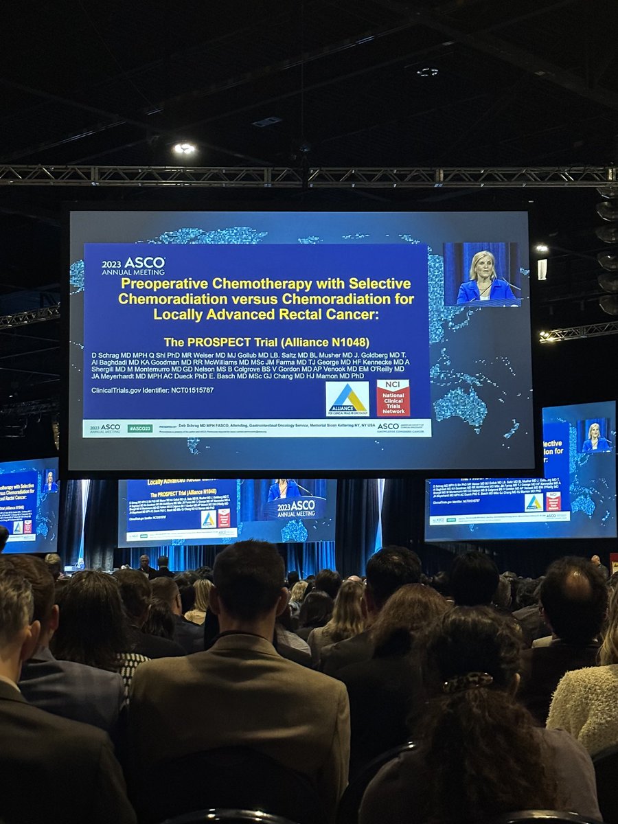 #ASCO23 Plenary session underway with results of the PROSPECT trial 🎗️Compared neoadjuvant CRT vs FOLFOX 🎗️ Non-inferiority DFS was met 🎗️Path CR and QOL similar 🎗️Neoadjuvant FOLFOX, with selective use CRT, is an effective tx for pts with CT2N+, cT3N-, or cT3N+ rectal cancer