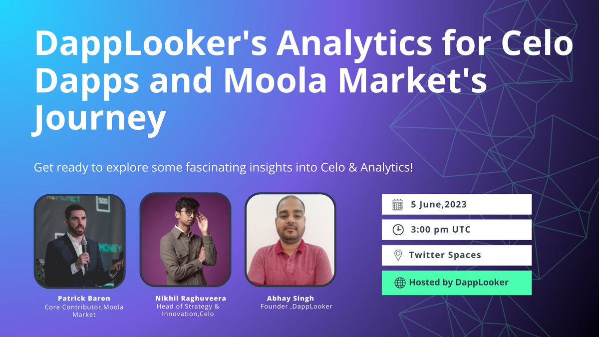 🤔Want to discover more about Analytics for Celo Dapps by DappLooker and Moola Market's Journey?  

🎙️Our next Twitter Spaces will feature thought leaders <a href="/PatrickNBaron/">Patrick</a>, <a href="/pumpernikhil/">Nikhil Raghuveera</a>, and <a href="/abhayait/">Abhay</a> to discuss this very topic.  

📅 June 5 at 3PM UTC—set a reminder 📷 ⬇️