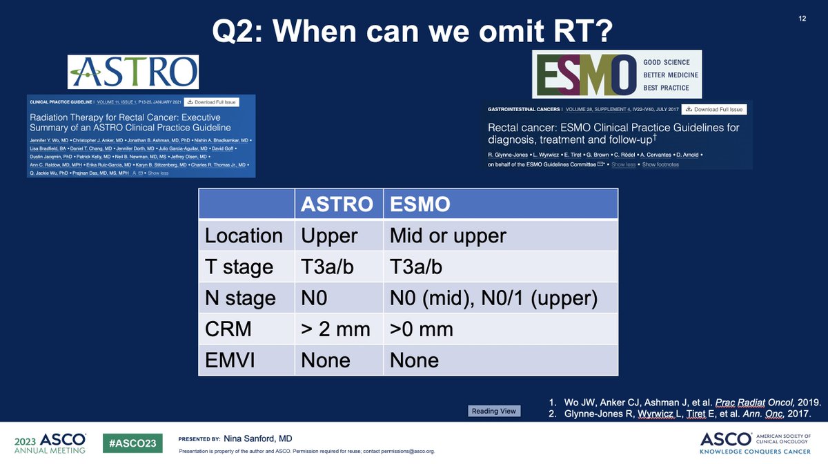 PROSPECT: many patients would have qualified for upfront surgery w/o RT per ASTRO & ESMO guidelines. Then, potential de-escalation of adj chemo pending pathologic findings. 6 months of FOLFOX in experimental arm of PROSPECT likely overtreatment for a proportion. #ASCO23