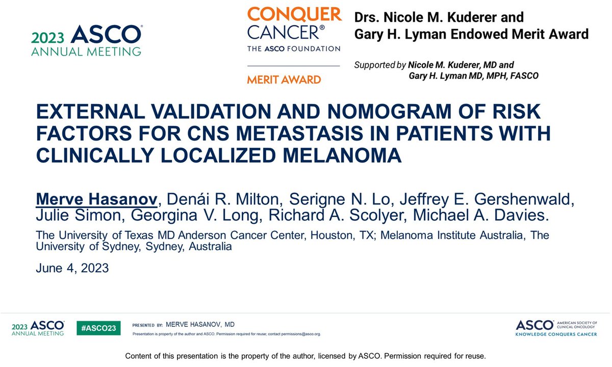 We are so proud to help support through @ConquerCancerFd the outstanding oral presentation by #DrMerveHasanov at #ASCO2023 on risk factors for #brainmets in patients with clinically localized #melanoma @NicoleKuderer @ASCO @DrEHasanov @MDAndersonNews @OSUCCC_James @MelanomaAus