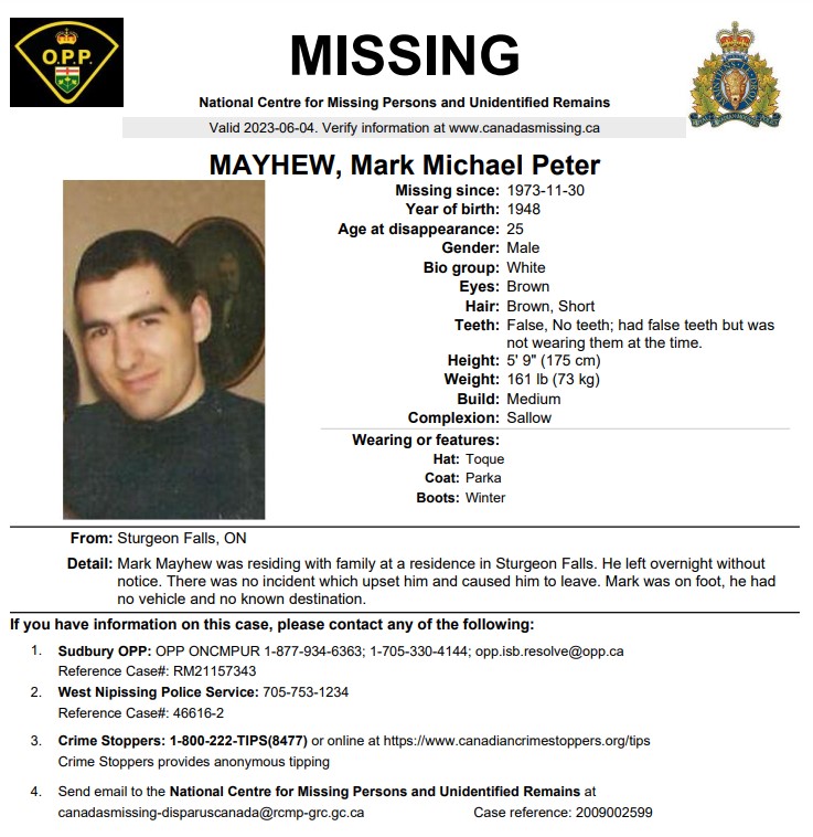 #Missing - Mark Michael Peter Mayhew
Missing Since - November 30, 1973
Missing From - #SturgeonFalls, #Ontario, #Canada
Case reference: 2009002599

#Unforgotten #ShareThisPost https://t.co/veNVyOAJvQ