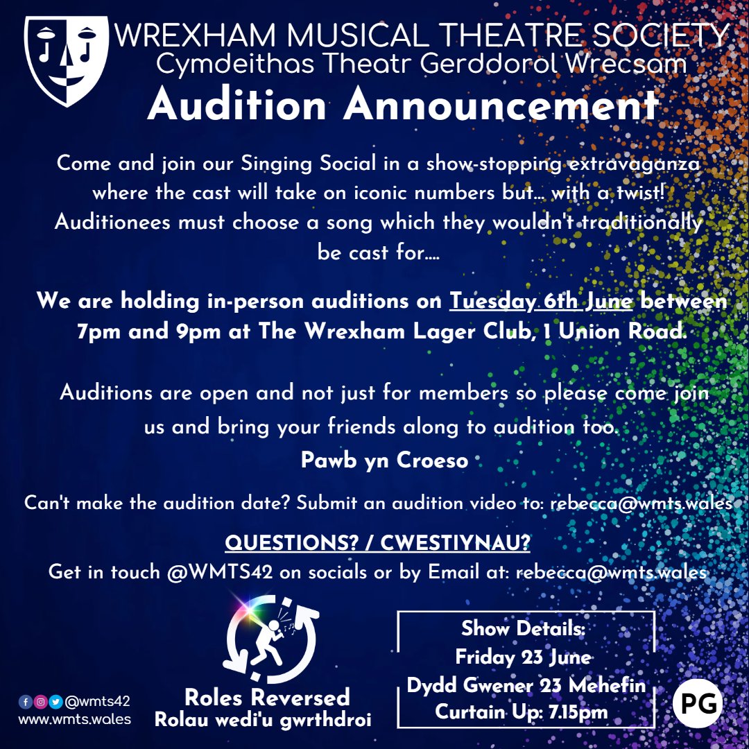 WMTS42's tweet image. Remember | Cofiwch 

Auditions for our Role Reversed event are coming up THIS TUESDAY! (6th June) At The Wrexham Lager Club between 7pm and 9pm.

Come join us, Pawb yn Croeso. 

Or... you can buy your tickets for this event now at: 
eventbrite.com/e/roles-revers…