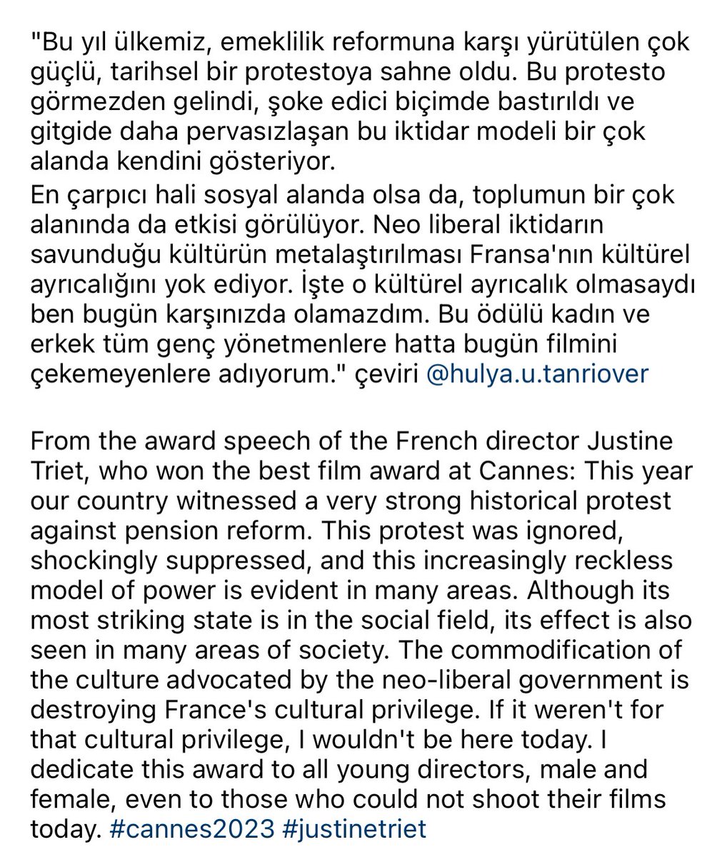 #JustineTriet Bir Düşüşün Anatomisi filmiyle bu yıl Cannes Film Festivali’nde Altın Palmiye alan yönetmenin konuşmasından “giderek pervasızlaşan iktidar modeli her alanda kendisini gösteriyor”Sevgili Merve Dizdar’a da Justine Triet’e de tekrar teşekkürler!
#CannesFilmFestival2023