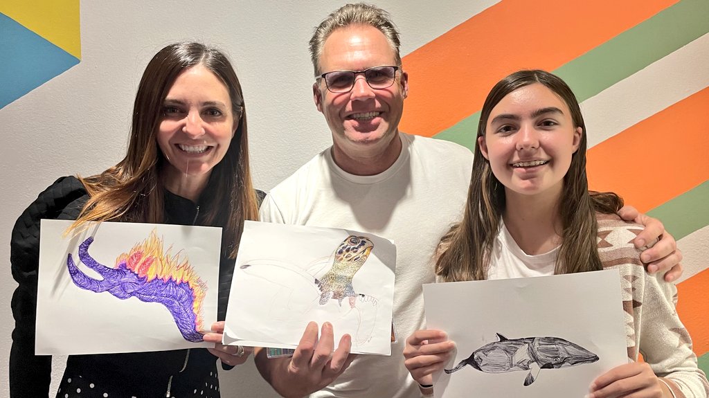 This week I've been researching 100s of Pacific species for June's UK school workshops for our Laguna Marine Wildlife project. It began in 2022 with my @LagunaArtMuseum workshop. Here's London and her parents with their beautiful drawings of Minke Whale, Spanish Shawl & Hawksbill