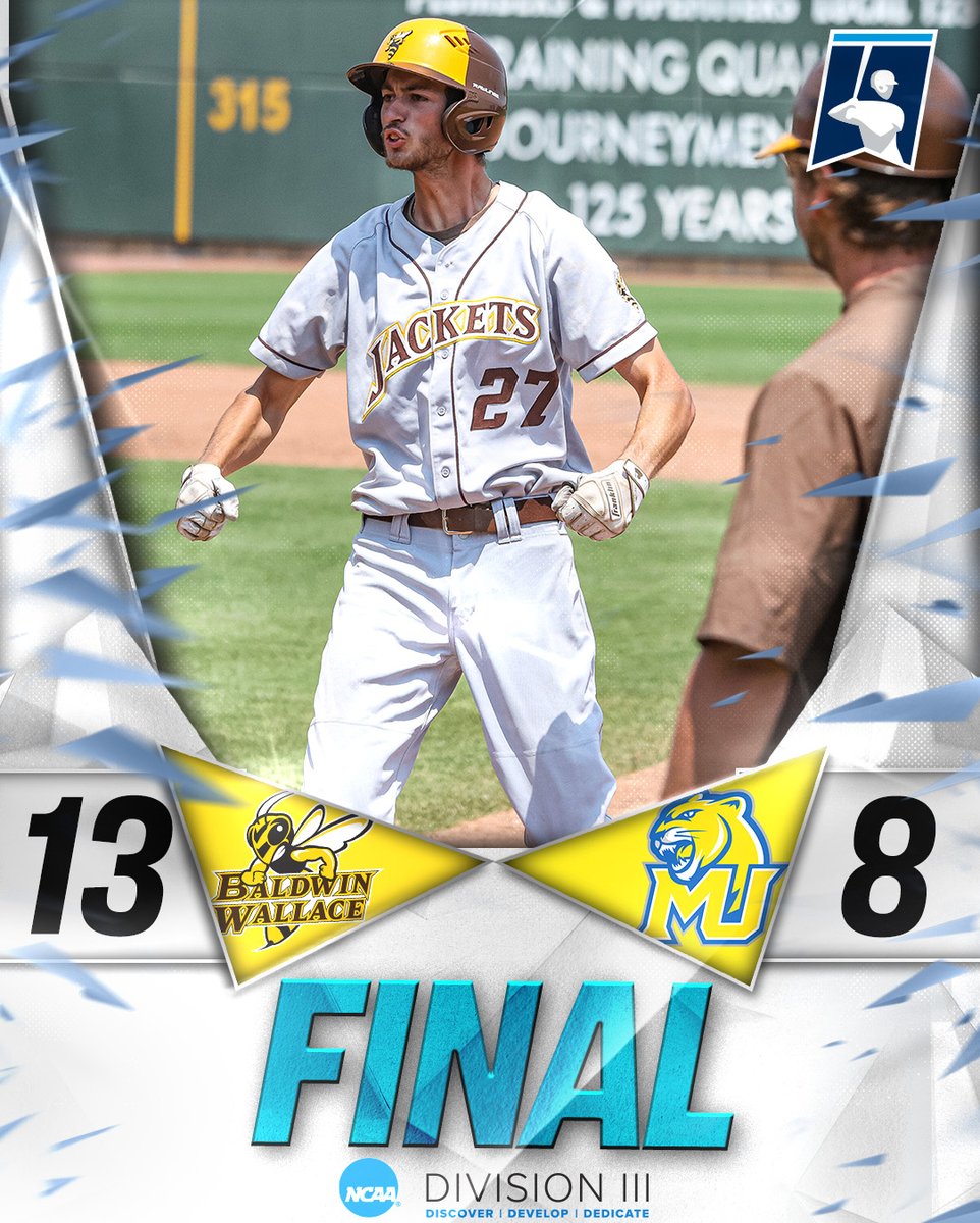 💪SURVIVE AND ADVANCE💪

Yellowjackets of <a href="/bwathletics/">Baldwin Wallace Athletics</a> use a seven-run first inning to eliminate Misericordia and advance to a rematch with Johns Hopkins tomorrow at the NCAA Division III Baseball Championships. 

#d3baseball | #WhyD3