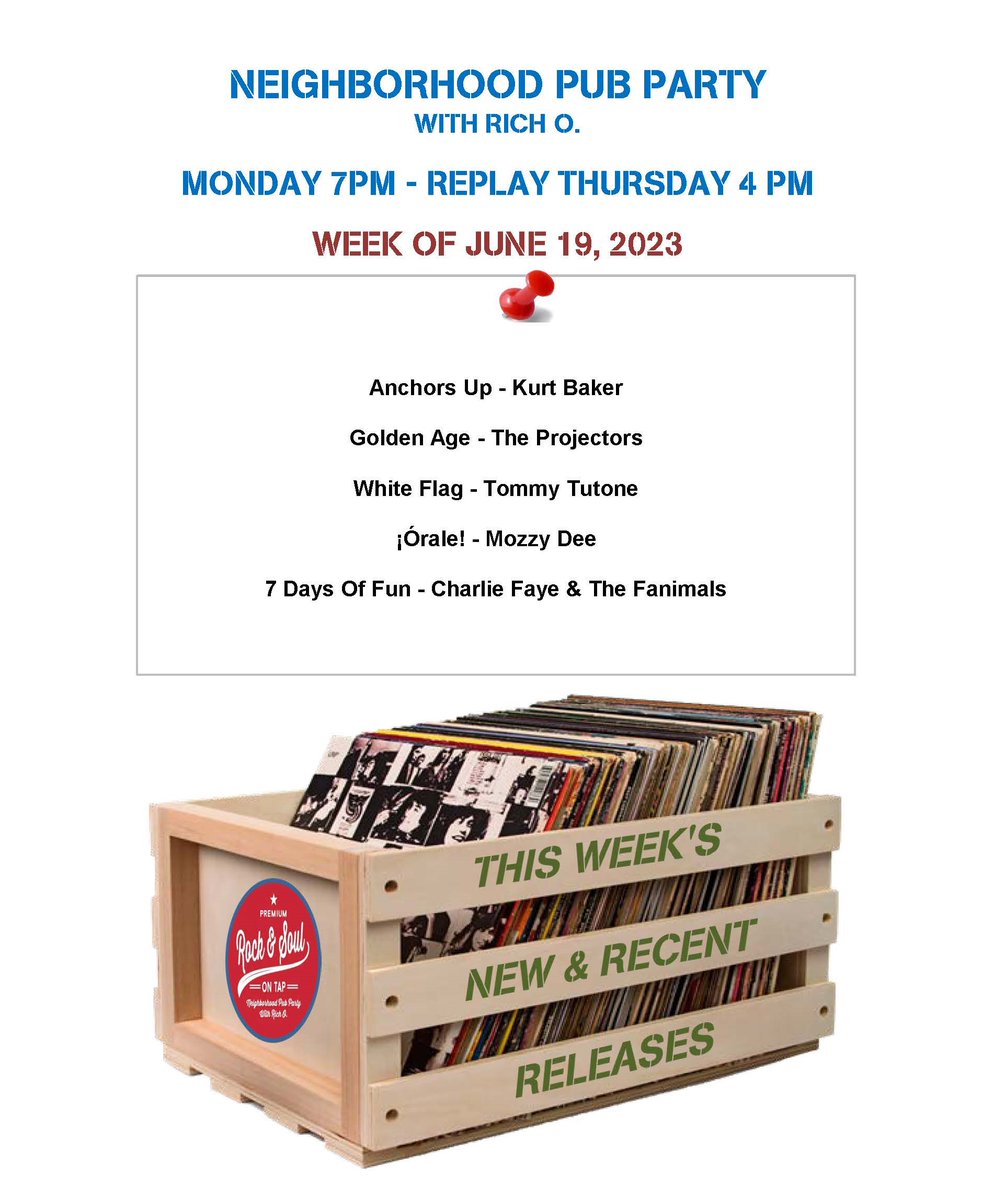 This Week's New Music:

Anchors Up - Kurt Baker
Golden Age - The Projectors
White Flag - Tommy Tutone
¡Órale! - Mozzy Dee
7 Days Of Fun - Charlie Faye & The Fanimals