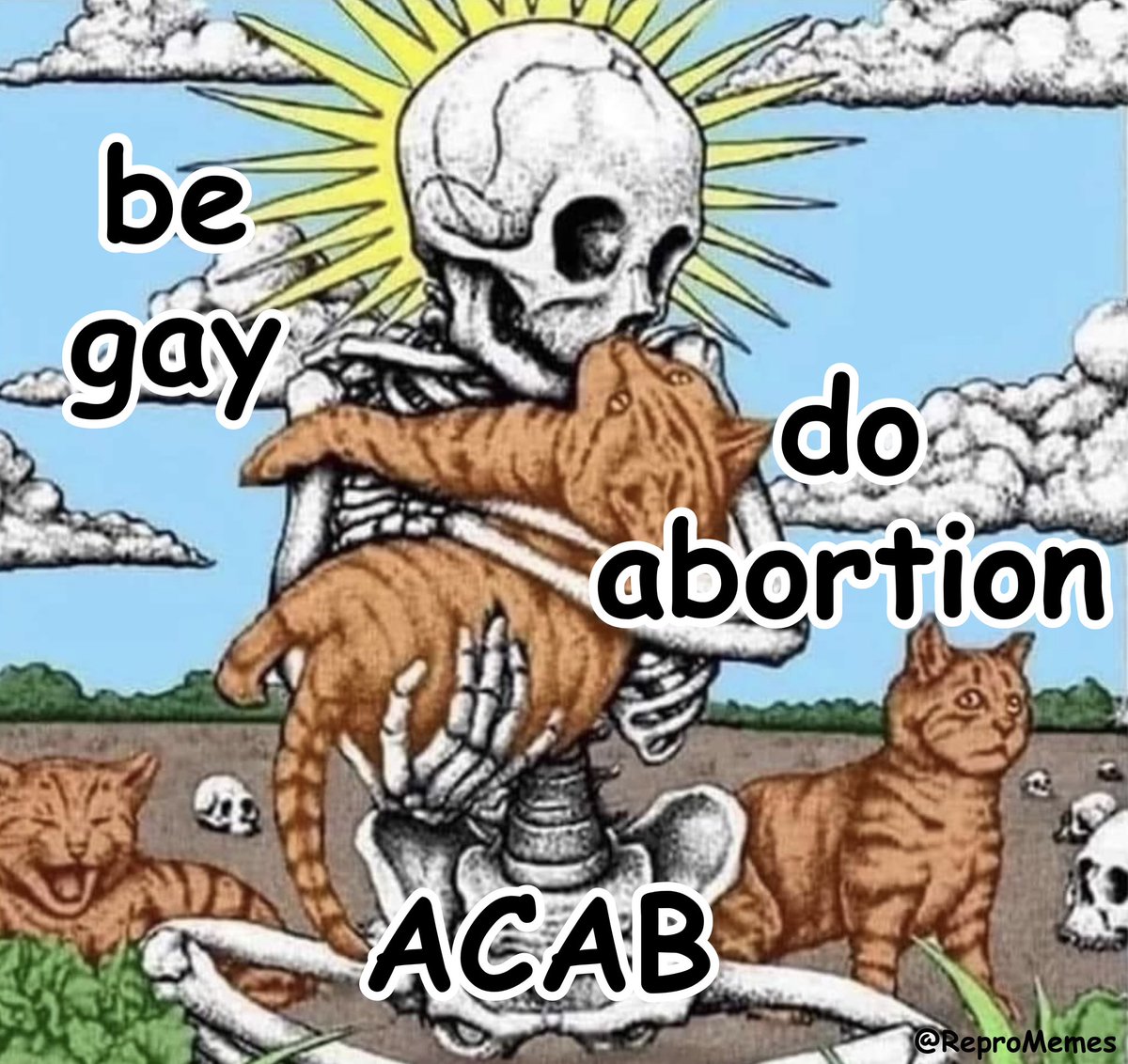 An illustration shows a skeleton sitting upright on the ground with a blue sky, clouds, and sun right behind their skull like a halo as they cradle an orange cat and give it face smooches while two orange cats surround them, one lounging and yawning and the other is standing staring warily into the abyss. Text overlaid on the image says “be gay, do abortion, ACAB”