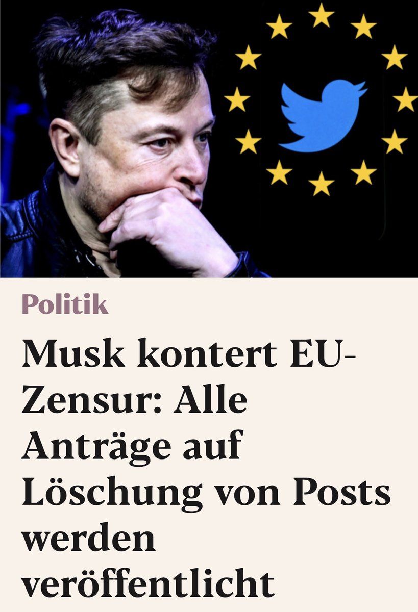 Dear Mr. Musk, please stand your ground against the suggestion of the socialist EU-Elites to obtain censorship against free political expression of opinion on Twitter! As you know from Facebook. Freedom of expression is a priceless commodity and non-negotiable. Thank you in…