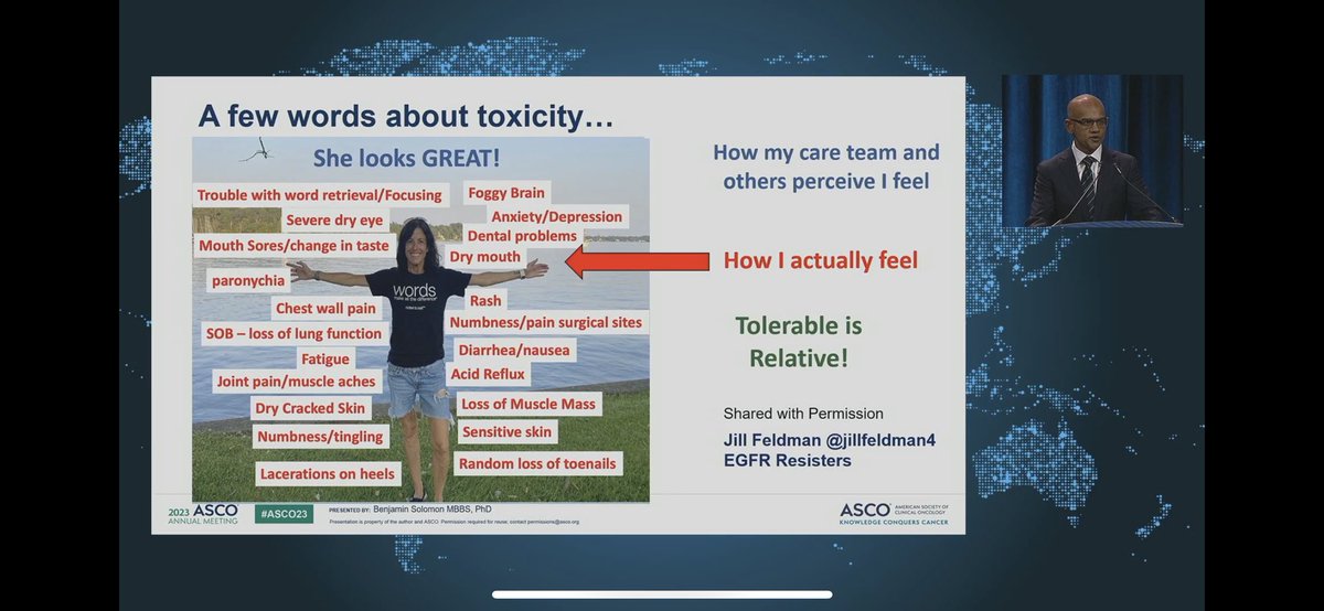 Stephen V Liu, MD (@stephenvliu) on Twitter photo When discussing adjuvant osimertinib- can’t downplay chronic toxicity of long term targeted therapy. Dr. <a href="/bensolomon1/">Ben Solomon</a> credits <a href="/jillfeldman4/">Jill Feldman</a> for highlighting this critical aspect of cancer care - with rousing applause from the #ASCO23 audience. When discussing adjuvant osimertinib- can’t downplay chronic toxicity of long term targeted therapy. Dr. <a href="/bensolomon1/">Ben Solomon</a> credits <a href="/jillfeldman4/">Jill Feldman</a> for highlighting this critical aspect of cancer care - with rousing applause from the #ASCO23 audience.
