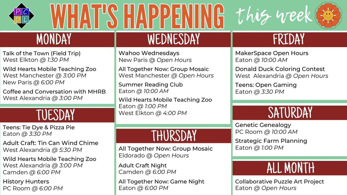 Programmings are heating up at the library! We've got something for everyone - including live animals from Wild Hearts Mobile Teaching Zoo this week! For more details, visit preblelibrary.org/events