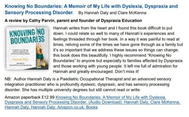 Thank you <a href="/DyspraxiaAdults/">Dyspraxia Foundation Adults</a> for this lovely review and recommendation of Knowing No Boundaries. Humbled to see my story resonate with so many amzn.eu/d/6BvTGwX #dyspraxia #livedexperience #DisabilityTwitter #inclusion