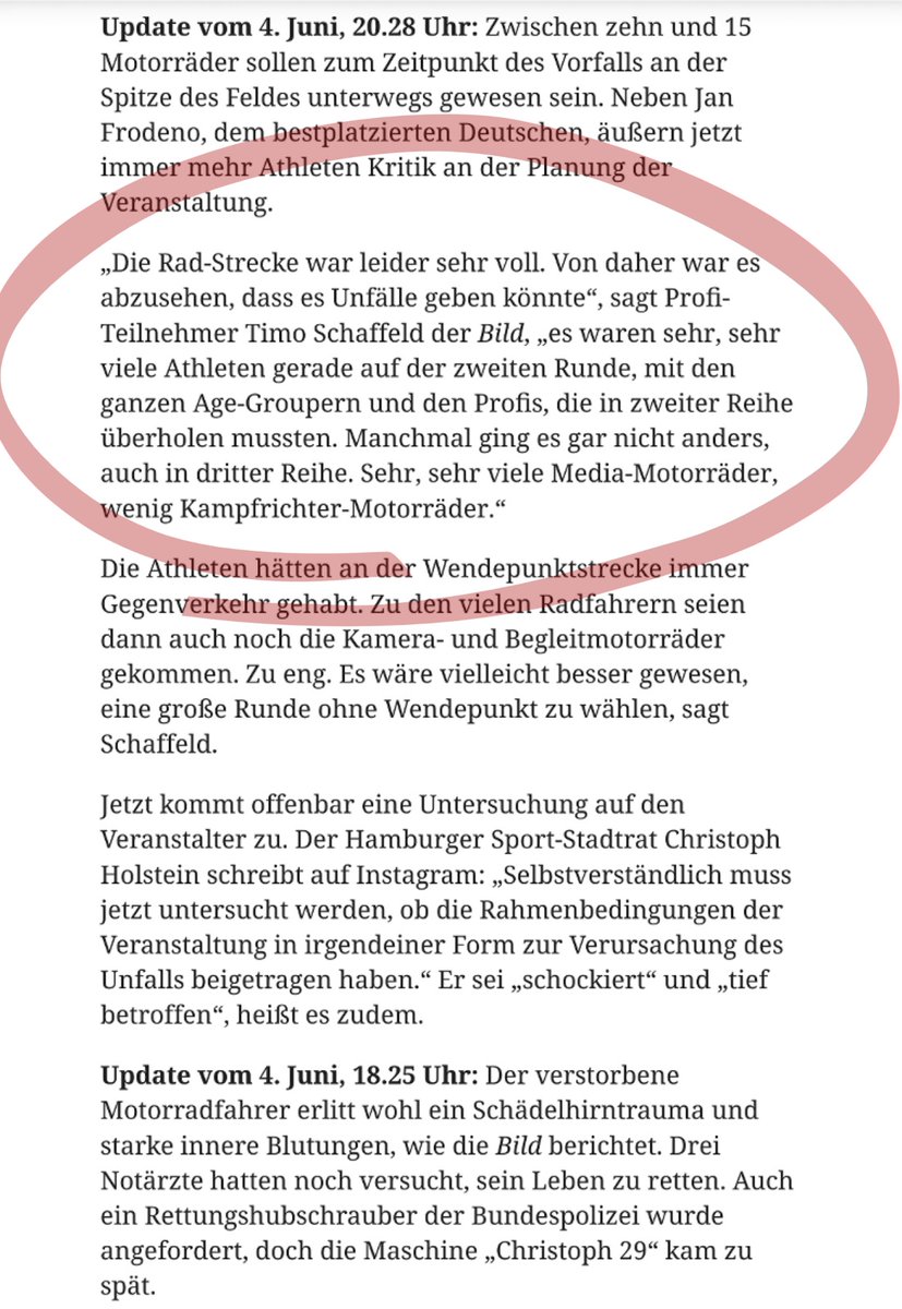 Wie ich vermutete: Eigentlich schon für ein solches Rennen OHNE Motorräder zu eng.
#Ironman #Hamburg
(Quelle: merkur.de/deutschland/ha…)