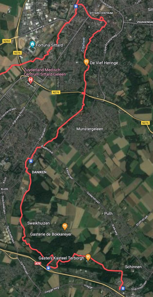 En de gelopen route vandaag, vanaf station Sittard via Geleen Oost en Spaubeek naar Schinnen. De volgende keer gaat het naar Heerlen (en dan heb ik ook nog een andere reden om naar Heerlen te gaan, dus win-win).