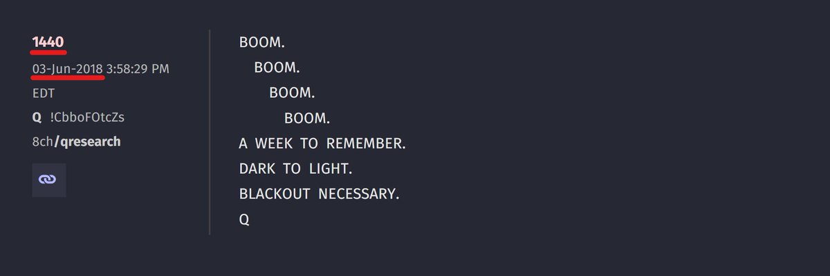 Dasting!!!

🚨'End of an empire' 🚨

@jack tweeted 'End of an empire' today at 2:40 PM EST which is 14:40 military time.

Q 1440
03-Jun-2018 ⬅️💥5 yr Delta yesterday!

BOOM.
  BOOM.
    BOOM.
      BOOM.
A WEEK TO REMEMBER.
DARK TO LIGHT.
BLACKOUT NECESSARY.
Q

#PatriotsInControl