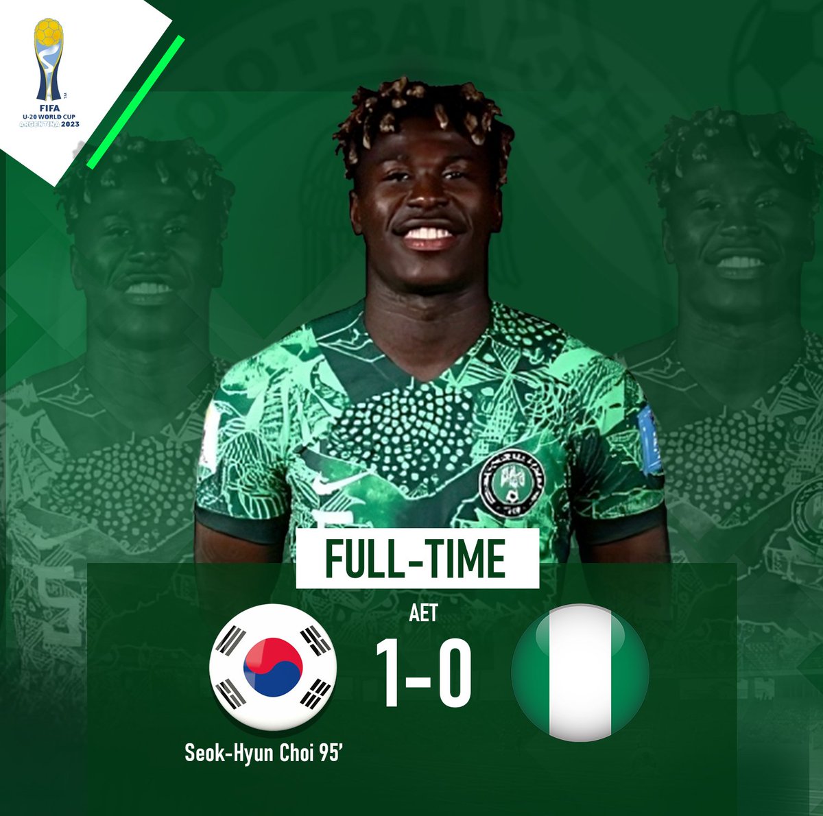 FT

🇰🇷South Korea 1-0 🇳🇬Nigeria

Not the result we wanted.

Our journey at the #U20WC comes to an end.

#SoarFlyingEagles 
#FIFAU20WorldCup