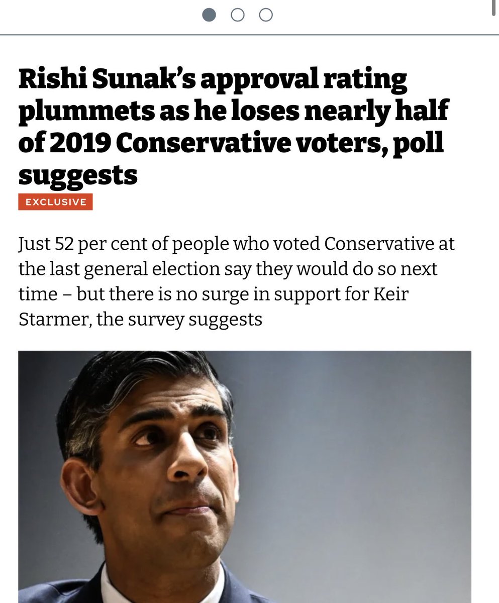 The Tory Gov has now lost around half of those who voted for them in 2019.
Why??

Cos they're a lying bunch of greedy, corrupt, destructive, hateful, divisive, gaslighting crooks.

No need for a focus group Sunak....it'll just tell you the same...

Article in ⁦<a href="/theipaper/">The i Paper</a>⁩