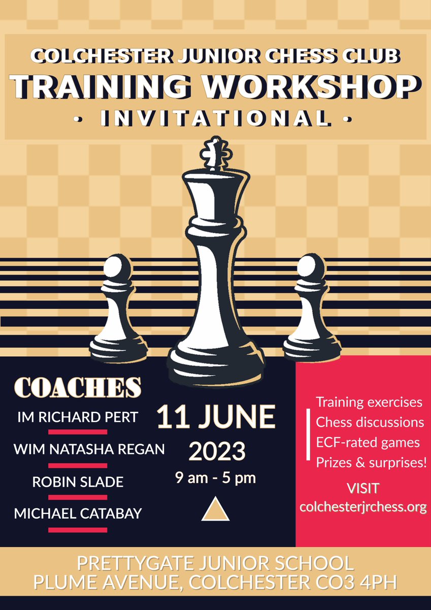 Colchester Junior Chess Club (@colchessjr) on Twitter photo We have a few spaces left for our junior training day, which includes 3 ECF rapid rated games ♟️
Fabulous guest coaches, IM Richard Pert, <a href="/NatashaRegan123/">Natasha Regan</a>, <a href="/robinslade65/">Robin Slade</a> and our own <a href="/MichaelCatabay2/">Michael Catabay</a> 💥
Don't miss this great opportunity!
<a href="/ecfchess/">English Chess Federation (ECF)</a>
📝colchesterjrchess.org We have a few spaces left for our junior training day, which includes 3 ECF rapid rated games ♟️
Fabulous guest coaches, IM Richard Pert, <a href="/NatashaRegan123/">Natasha Regan</a>, <a href="/robinslade65/">Robin Slade</a> and our own <a href="/MichaelCatabay2/">Michael Catabay</a> 💥
Don't miss this great opportunity!
<a href="/ecfchess/">English Chess Federation (ECF)</a>
📝colchesterjrchess.org