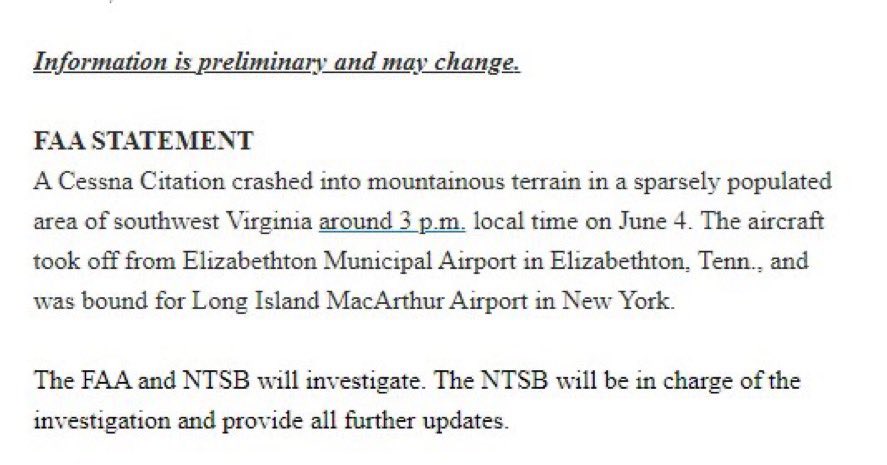 Here is a statement from FAA regarding the incident confirming a plane crash. #SonicBoom @alanhenney @RealTimeNews10