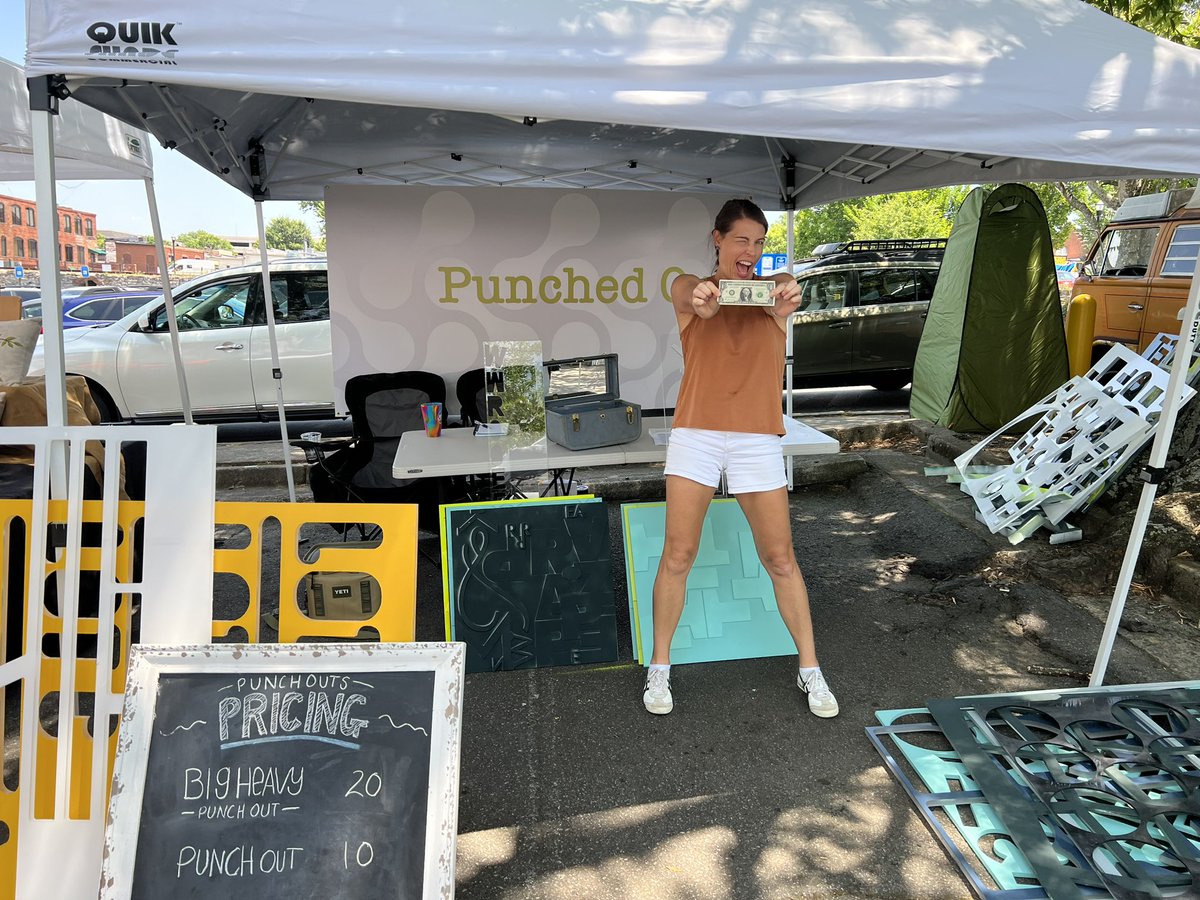 sellier34's tweet photo. Punched Out. Pop Up Shop Done. Here’s me holding up the profit - lol  #Grind #ArtMarket #recycled #punchedout #heavyweight #outcasts #repurposed #ideas https://t.co/J7k1z8RItj
