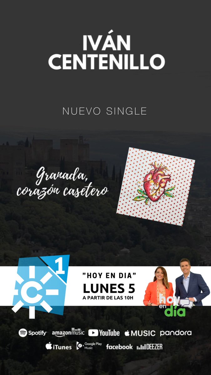 “Granada, corazón casetero”, la sevillana de <a href="/IvanCentenillo/">Iván Centenillo</a> a la Feria de Granada y sus caseter@s.
Presentación del lanzamiento musical en el programa <a href="/HoyEnDiaCSTV/">Hoy En Día Canal Sur TV</a> con <a href="/fdlaguardia/">FernandoDdelaGuardia</a>