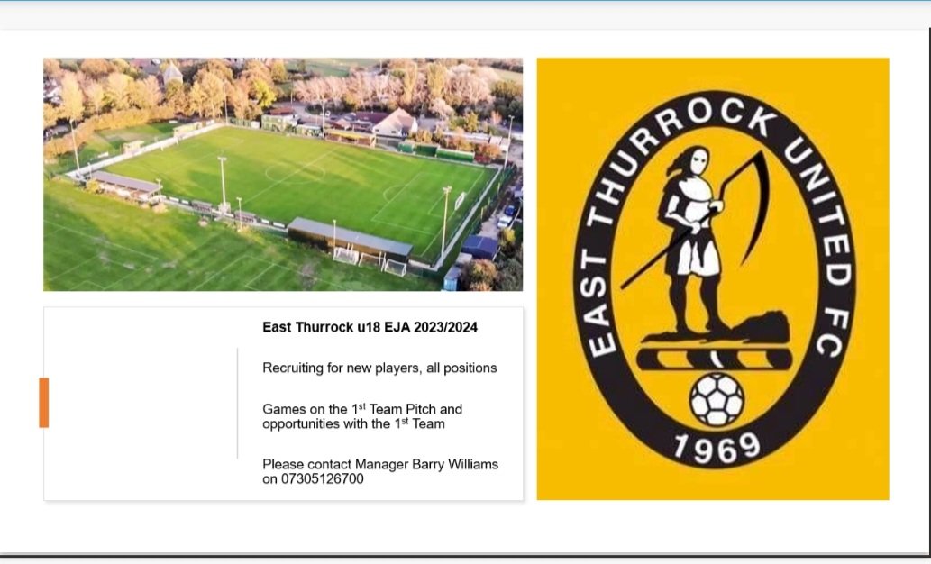 East Thurrock u18 EJA 23/24 @ETUFC_U18s looking for players for the new season, please contact Barry Williams on +44 7305 126700