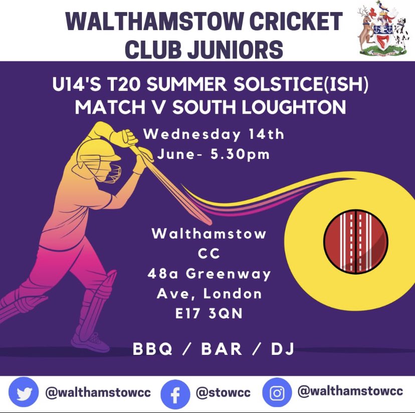Save the date for our Summer Solstice(ish) U14s T20 V @southloughtoncc at our home ground. We can promise a night of fantastic junior cricket along with BBQ, DJ and Bar. #lovecricket #juniorcricket #summersolstice