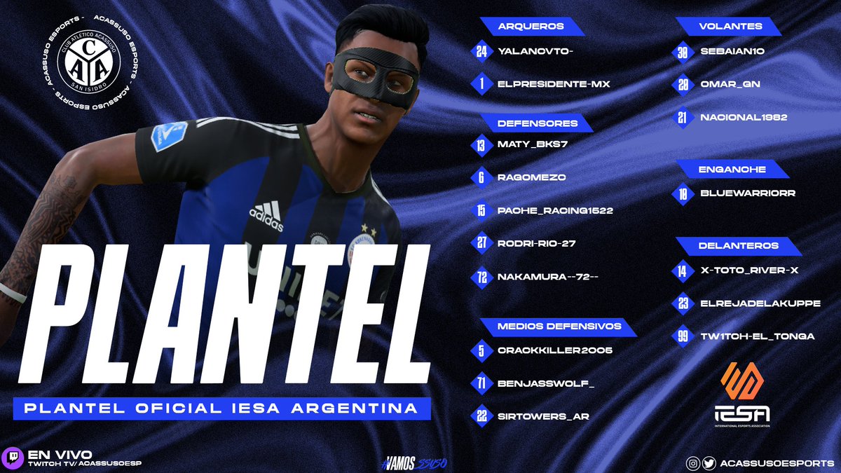 ACASSUSO ESPORTS (@acassusoesports) on Twitter photo PRESENTACIรN DEL PLANTEL!โฝ๏ธ
Estos son los 17 guerreros que representarรกn al Quemero virtual en una nueva temporada de <a href="/IESAFIFAar/">IESA Argentina</a> !!
#VamosSsuso #SomosSsuso ๐ PRESENTACIรN DEL PLANTEL!โฝ๏ธ
Estos son los 17 guerreros que representarรกn al Quemero virtual en una nueva temporada de <a href="/IESAFIFAar/">IESA Argentina</a> !!
#VamosSsuso #SomosSsuso ๐