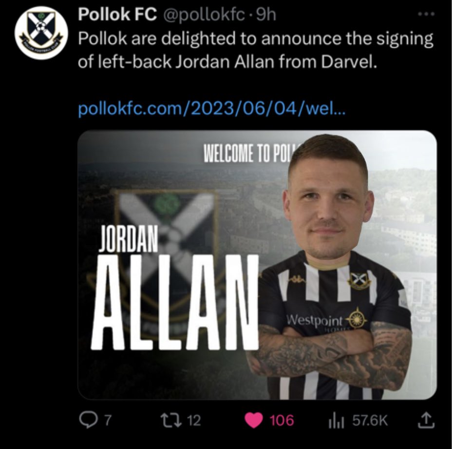 Terrific signing 👏🏻👏🏻💙 <a href="/jordanSallan/">Jordan Allan</a> <a href="/pollokfc/">Pollok FC</a>