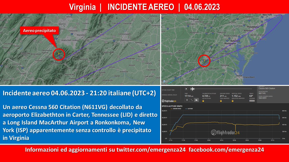 BREAKING [04.06-22:30] #incidente #aereo #Cessna 560 Citation #N611VG decollato da #aeroporto #Elizabethton in #Carter #Tennessee #LID e diretto a Long Island #MacArthur Airport #Ronkonkoma #NewYork #ISP apparentemente senza controllo è precipitato intorno alle 21:20 italiane