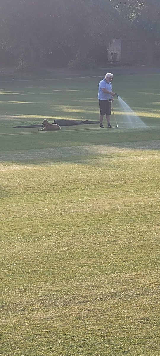 Match over on main ground where Sunday 1st team lost by 1 run but no rest for Paulo and Alfie as they water the wicket!