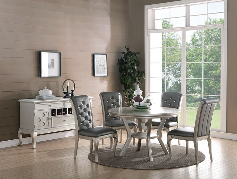 F2150-1540 5 pc silvery tone finish wood round dining table set Adele hornfels ii. Click Acima Leasing Easy Lease and Application Process at ambfurniture.com/f2150-1540-5-p… #table #diningtable #diningroom #diningroomideas #kitchen